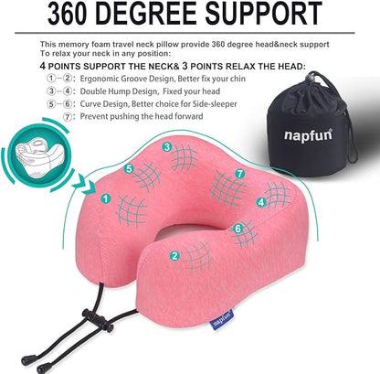 napfun Neck Pillow for Traveling, Upgraded Travel Neck Pillow for Airplane 100% Pure Memory Foam Travel Pillow for Flight Headrest Sleep, Portable Plane Accessories, Simple Sets (Optional), Full Rose