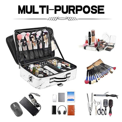 gzcz Large Capacity Travel Makeup Case Organizer,Professional Cosmetic Bags for Women,Waterproof PU Leather Makeup Bag with Adjustable Dividers and Shoulder Strap for Brushes and Jewelry