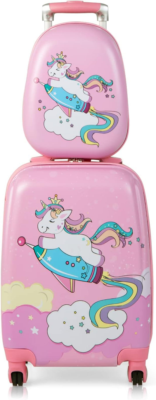 Goplus Kids Luggage Set, 12" & 18" Kids Carry On Luggage Set, Multi-directional Wheels Suitcase, Large Capacity Rolling Trolley Suitcase, Gift for Boys and Girls Toddlers Children Travel