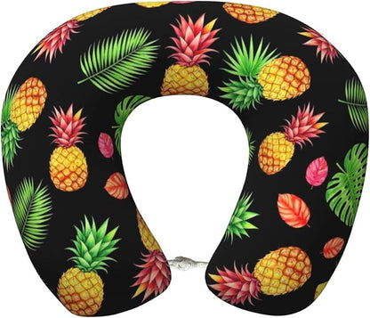 Comfortable Memory Foam Travel Neck Pillow, Funny Chin/Head Cushion Supporting Airplane Car Pillows Watercolor Pineapple Tropical Palm Leaves for Sleeping Outdoors Travel Office
