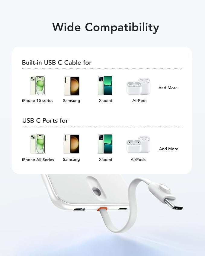 VEEKTOMX Power Bank 5000mAh with Cable Fast Charging, Magnetic Portable Battery Pack for iPhone, White