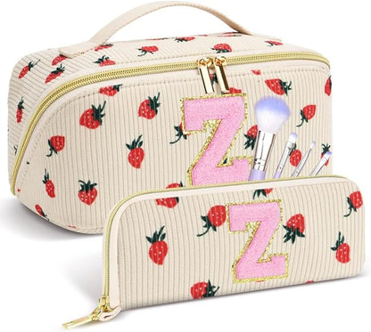 Personalized Travel Makeup Bag Set,Initial Travel Strawberry Makeup Organizer Bag,Toiletry Skincare Cosmetic Bag,Christmas Gifts for Women/Girls,Open Flat Toiletry Pouch with Brush Pocket-Z