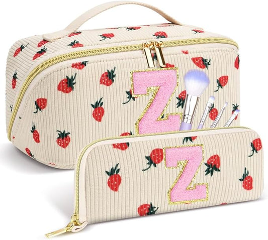 Personalized Travel Makeup Bag Set,Initial Travel Strawberry Makeup Organizer Bag,Toiletry Skincare Cosmetic Bag,Christmas Gifts for Women/Girls,Open Flat Toiletry Pouch with Brush Pocket-Z