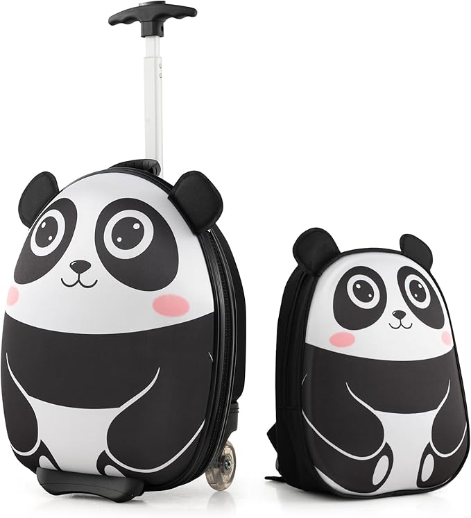 Goplus 2PC Kids Carry On Luggage Set, 16" Rolling Suitcase & 12" Backpack, Airline Approved Travel Trolley Luggage with Wheels for Toddlers Children Girls Boys (Panda)