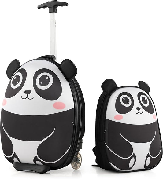 Goplus 2PC Kids Carry On Luggage Set, 16" Rolling Suitcase & 12" Backpack, Airline Approved Travel Trolley Luggage with Wheels for Toddlers Children Girls Boys (Panda)