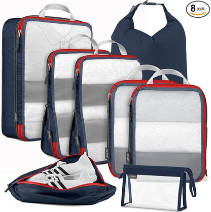Cipway Compression Packing Cubes Mesh, Lightweight Luggage Organizer Bags with Laundry Bag,Toiletries Bag and Shoe Bag, Travel Essentials for Carry on Suitcase（8Pcs,Blue）