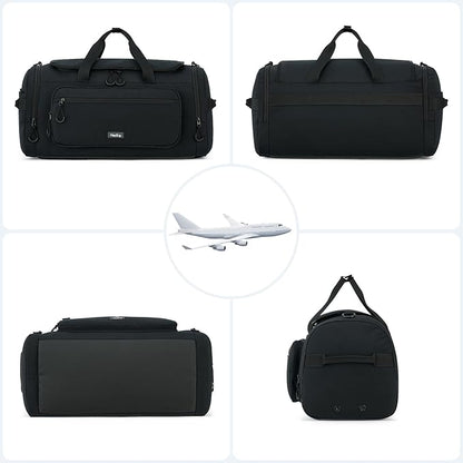 Large Travel Duffle Gym Bag with Shoe Compartment, Underseat Carry On Luggage Overnight Weekender Personal Item Workout Bags for Women Men (Black)