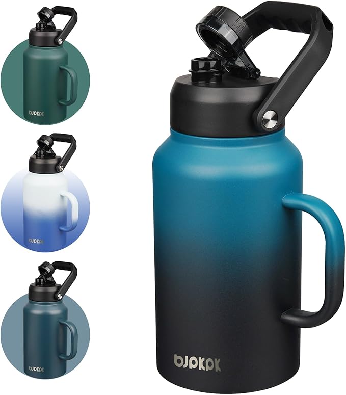BJPKPK 87oz Insulated Water Bottle with Handle, Large Dishwasher Safe 2/3 Gallon Water Bottle, BPA Free Water Jug, Wide Mouth Metal Flasks with Anti-slip Bottom, Keep Cold & Hot,Blue & Black