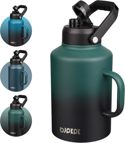BJPKPK 1 Gallon Water Bottle with Handle, Large Dishwasher Safe 128oz Insulated Water Bottle, BPA Free Water Jug, Wide Mouth Metal Flasks with Anti-slip Bottom, Army Green & Black