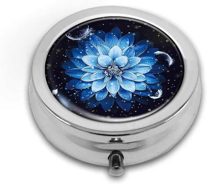 Pill Box,Blue Flower Round Pill Box 3 Compartment Decorative Pocket Purse Portable Mini Travel Medicine Tablet Vitamin Holder Organizer Pill Case