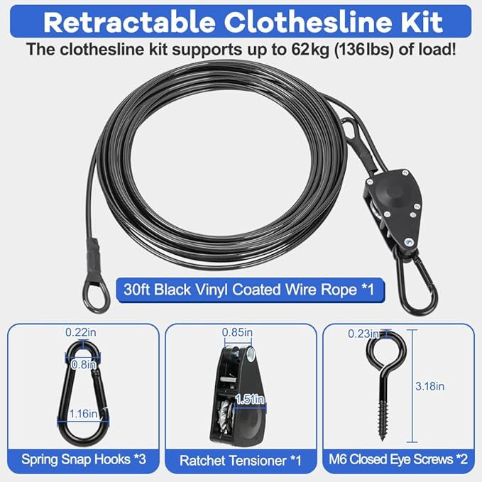 TooTaci 30ft Outdoor Clothesline Kit, 3/16" Black PVC Coated Wire Rope Heavy Duty Portable Clothes Line Kit with Self-Locking Pulley, Screw Hook & Snap Hook for Camping, Backyard, Balcony, Travel