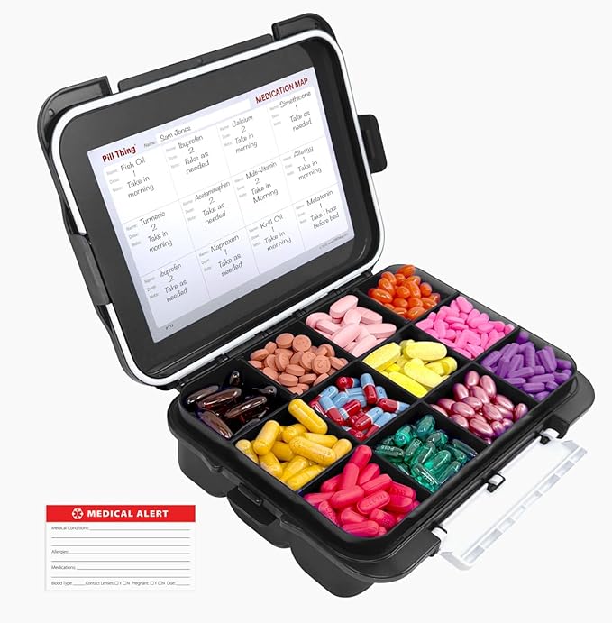12 Compartment Large Pill Case with Airtight Seal - Silicone Gasket Waterproof Med Organizer Box with Medication Map, Medical Alert Card (Black, 1 Pack)