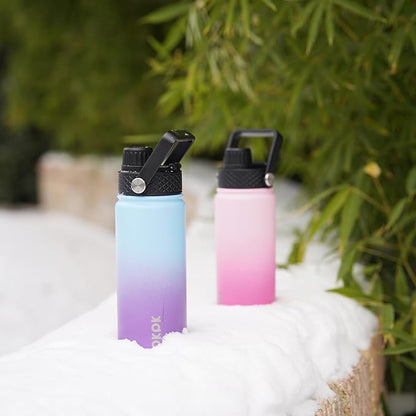 BJPKPK 2 Pack Insulated Water Bottles with Straw Lids, 22oz Stainless Steel Metal Water Bottle with 6 Lids, Leak Proof BPA Free Jugs, Cups, Flasks for Travel, Sports (Cherry+Ocean Dream)