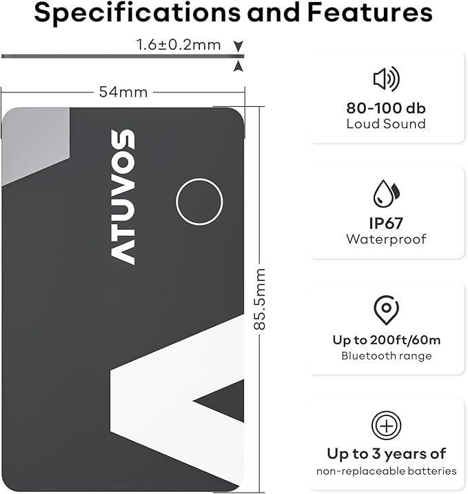 ATUVOS Blueooth Tracker Slim, Smart Air-Tag Wallet Card Ultra Thin 2 Packs Compatible with Apple Find My App (iOS Only), Item Locator for Luggage, Keys, Passport, Bags, IP67 Waterproof