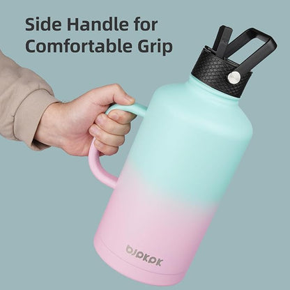 BJPKPK 1 Gallon Water Bottle Insulated with Straw Lid, 50oz, 64oz, 87oz, 128oz Large, Stainless Steel Water Bottles with 3 Lids and Paracord Strap, Double Wall Vacuum Metal Water Jug,Black