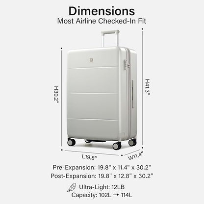 Hanke Expandable 28 Inch Luggage with Spinner Wheels, Hardside Large Suitcase, All-PC Hard Shell Checked Luggage, TSA Lock, Durable Checked-Large (Smoke White, 114L)