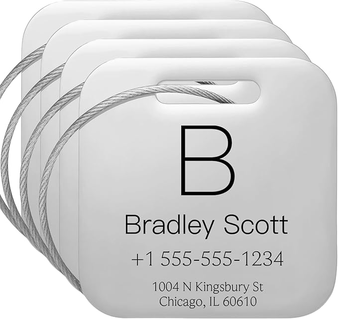 Stainless Luggage Tags for Suitcases 4 Pack: Metal Personalized Luggage Tags for Backpacks & Bags with Customizable Texts (Silver)