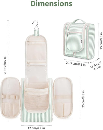 Narwey Small Striped Hanging Travel Toiletry Bag for Women, Travel Bag for Toiletries, Makeup Bag Organizer Cosmetic Bags Make Up Bags for Women (Mint Green Stripe)