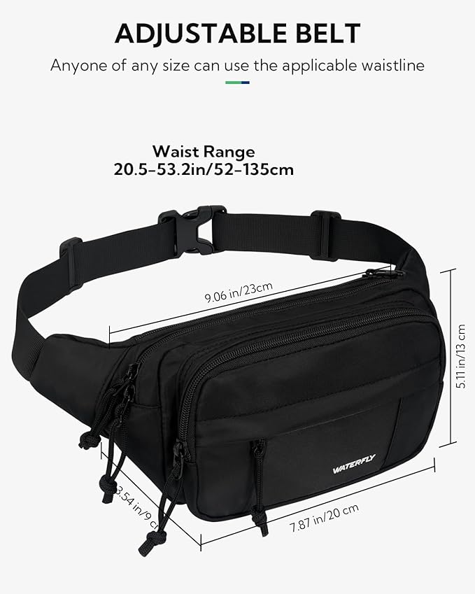 WATERFLY Fanny Pack Waist Packs: Large Crossbody Fanny Packs for Women Men with 5 Zipper Pockets Adjustable Strap Waist Bags Hip Pack for Traveling Cycling Running Hiking-Black