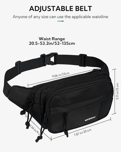 WATERFLY Fanny Pack Waist Packs: Large Crossbody Fanny Packs for Women Men with 5 Zipper Pockets Adjustable Strap Waist Bags Hip Pack for Traveling Cycling Running Hiking-Black