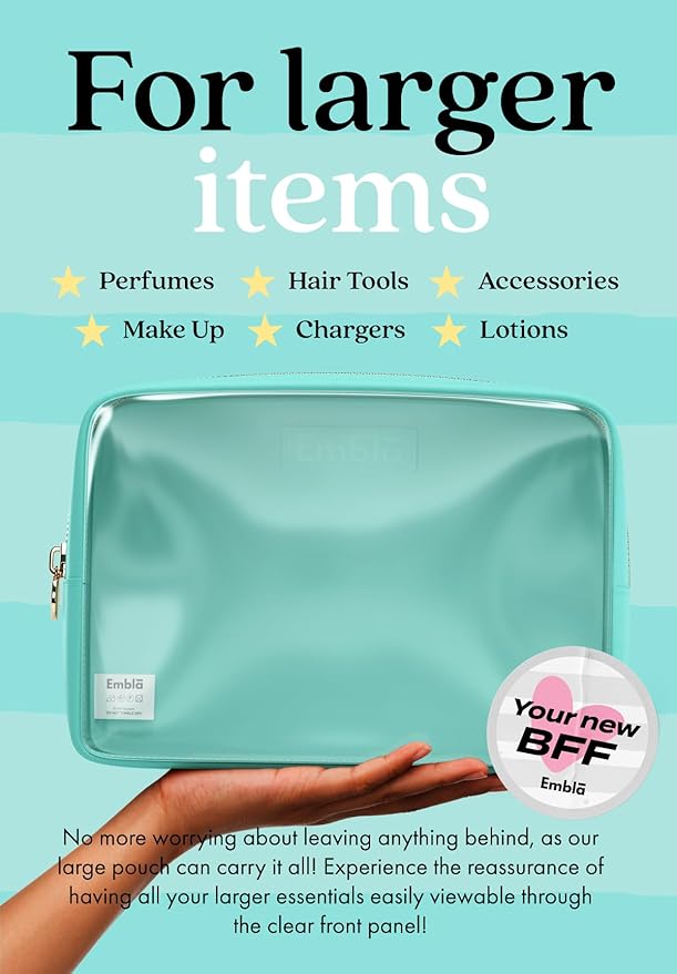 Embla London Makeup Bag Cosmetic Case, Clear Zipper Make Up Pouch and Toiletry Travel Tote, Cute Skincare Pouches for Women Girls, Preppy Purse Cosmetic Organizer, Large Makeup Bags, Cotton Candy