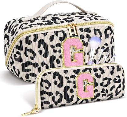 Personalized Travel Makeup Bag Set,Initial Travel Cute Leopard Makeup Organizer Bag,Toiletry Skincare Cosmetic Bag,Christmas Gifts for Women/Girls,Open Flat Toiletry Pouch with Brush Pocket-G