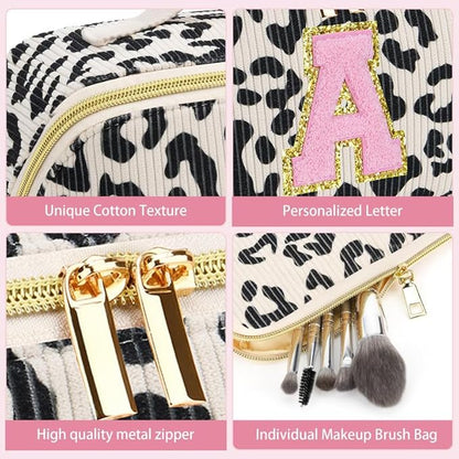 Personalized Travel Makeup Bag Set,Initial Travel Cute Leopard Makeup Organizer Bag,Toiletry Skincare Cosmetic Bag,Christmas Gifts for Women/Girls,Open Flat Toiletry Pouch with Brush Pocket-G