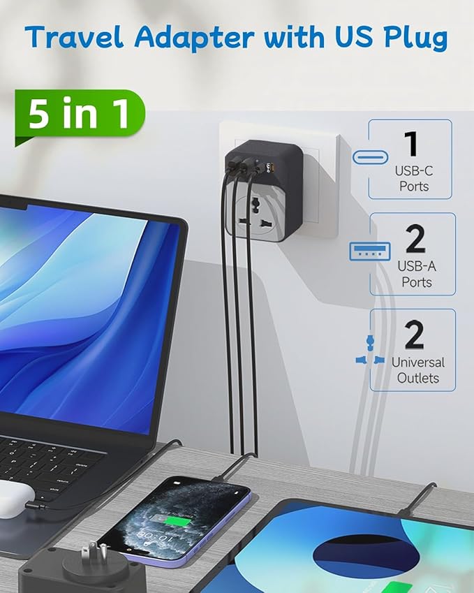 Universal Travel Adapter, COOFINE 65W Plug Adapter with 1 International Outlet 2 PD USB C 2 USB Ports, 110-240v, 5 in 1 Type B Universal Power Adapter for EU UK to US Worldwide Travel