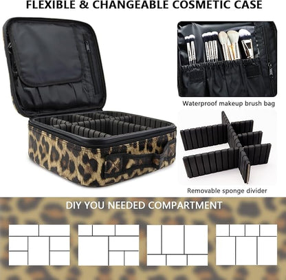 Travel Makeup Train Case Cosmetic Case Organizer Portable Artist Storage Bag with Adjustable Dividers for Cosmetics Makeup Brushes Toiletry Jewelry Digital Accessories (leopard print)