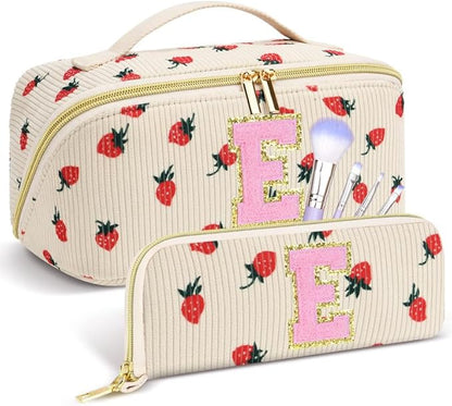 Personalized Travel Makeup Bag Set,Initial Travel Strawberry Makeup Organizer Bag,Toiletry Skincare Cosmetic Bag,Christmas Gifts for Women/Girls,Open Flat Toiletry Pouch with Brush Pocket-E