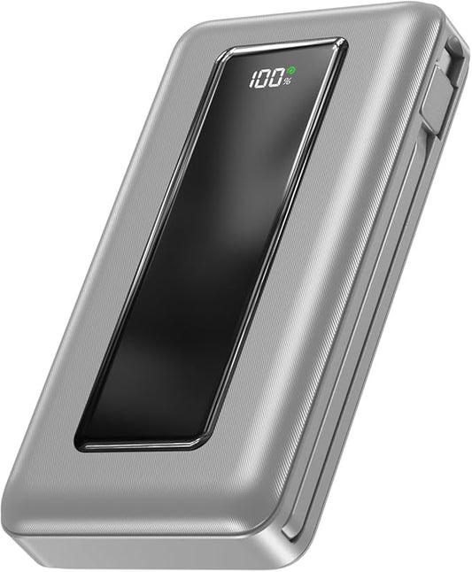 Portable Charger Power Bank, 50000mAh Travel Camping Essential Battery Pack with Built-in Cables, PD 22.5W Fast Charging, Large Capacity Portable Phone Charger for iPhone, Light Grey