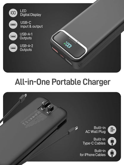 Portable Charger Power Bank with Built in Cables and AC Wall Plug,PD20W&SCP22.5W USB-C Super Fast Charging,20000mAh Travel Phone Charging,LED Display Battery Pack Compatible All iPhone Samsung etc