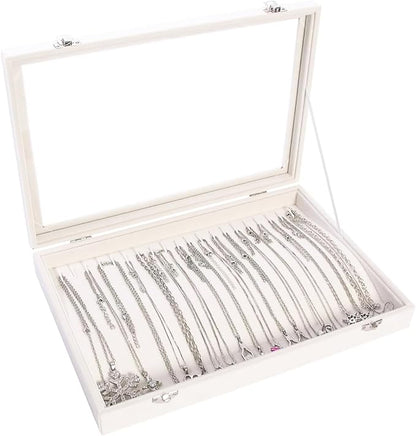 Coward 20 Hooks Necklace Organizer Jewelry Box, Dustproof Necklace Display Holder Case, Beige Velvet Necklace Display Tray Case with Transparent Glass Lid for Women Girls