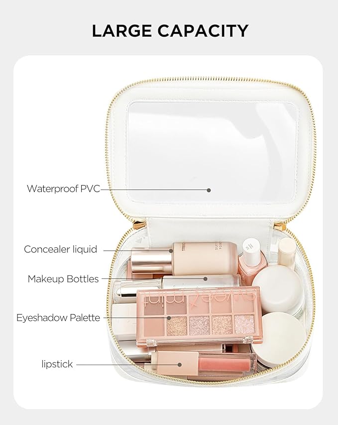 HBlife Clear Makeup Bag Organizer, Portable Travel Toiletry Cosmetic Case for Women, Large Make Up Bag Makeup Train Case Transparent Storage Pouch with Handle(White)