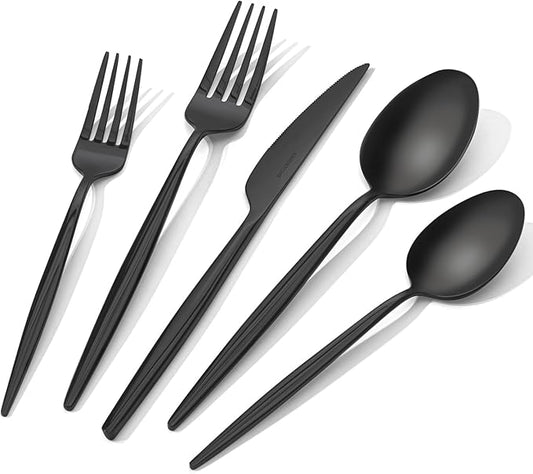 KINGSTONE Silverware Set, 40-Piece Flatware Set Cutlery Set Premium 18/10 Stainless Steel, Tableware Include Forks Knives Spoons for Home Kitchen Restaurant Wedding, Dishwasher Safe,Black