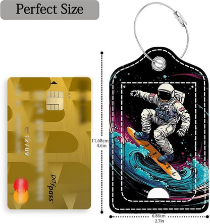 Funny PU Leather Luggage Tags 2-Pack Astronaut Surfing Space Cute Pattern Suitable for Suitcase Stainless Steel Loop and Address Card Essential for Cruise and Airport Travel for Men and Women