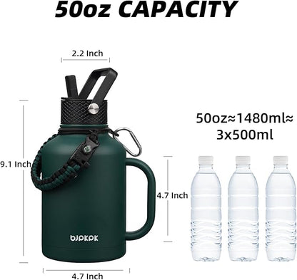 BJPKPK Large Insulated Water Bottles with Straw Lid & Handle, 50oz, 64oz, 87oz, 128oz Water Bottle with 3 Lids and Paracord Strap, Stainless Steel Metal Water Bottle, Insulated Water Jug, Army Green