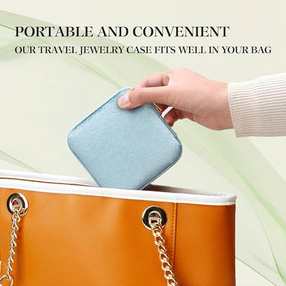 TAIMY Plush Velvet Travel Jewelry Box, Small Travel Jewelry Case, Portable Mini Jewelry Travel Organizer Boxes for Rings Earrings Necklaces Bracelets(Light Blue,No Mirror)