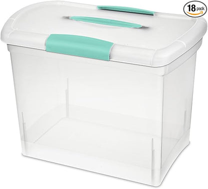 Sterilite Large Nesting ShowOffs, Stackable Small Storage Bin with Latching Lid and Handle, Plastic Container to Organize Office Files, Clear, 18-Pack