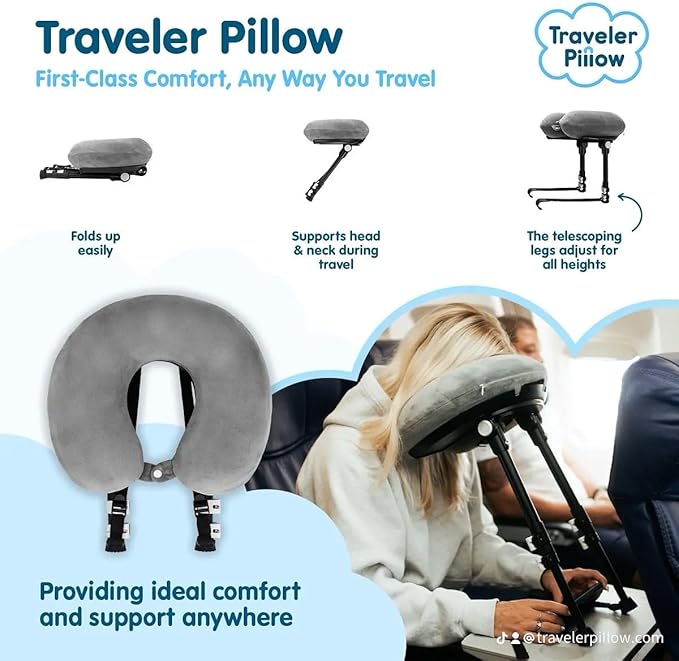 Neck Pillow for Traveling, Luxury Travel Neck Pillow for Airplane 100% Pure Memory Foam Adjustable Travel Pillow for Flight Sleep, Portable Plane Accessories, Light Grey