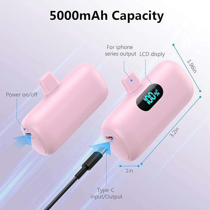 Mini Portable Charger for iPhone,Upgraded 5000mAh PD Fast Charging Battery Pack,LCD Display Cute Power Bank Portable Phone Charger for iPhone 14/14 Pro Max/13/13 Pro/12 Pro/11/XS/XR/X/8/7/6-Pink