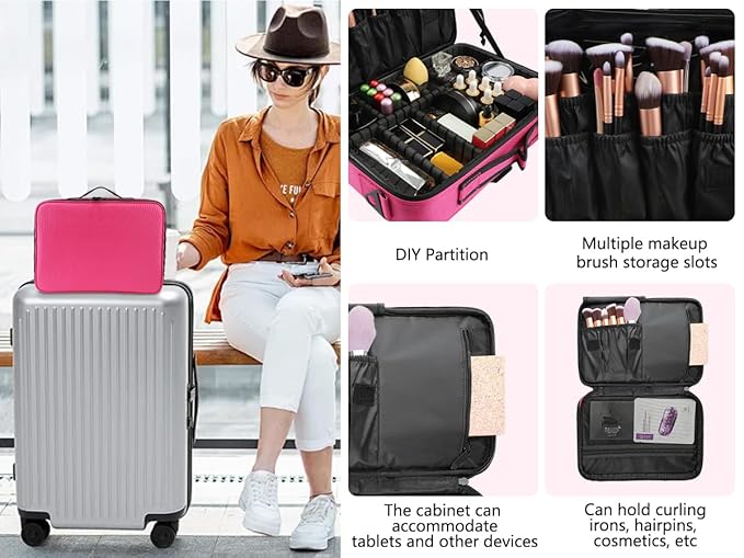 gzcz Travel Makeup Bag,Professional Cosmetic Bags for Women,Portable Makeup Brush Case Organizer Storage with Adjustable Dividers and Shoulder Strap (Medium)