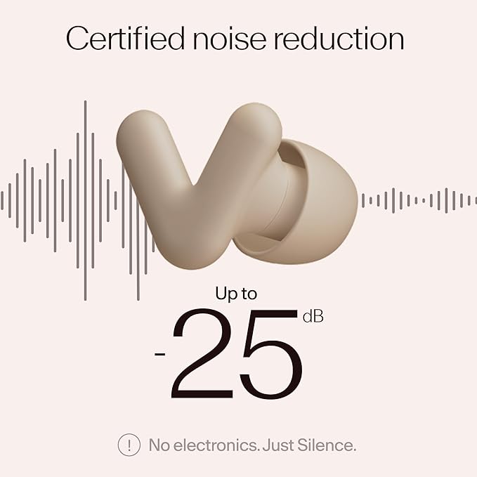 Alpine Silence Earplugs for Sleep, Focus & Travel - V-Shape Snug Fit & Soft Oval Tips – 4 Sizes XS/S/M/L - Comfortable, Reusable Hearing Protection - SNR 22dB & NRR 16 Noise Reduction – Beige