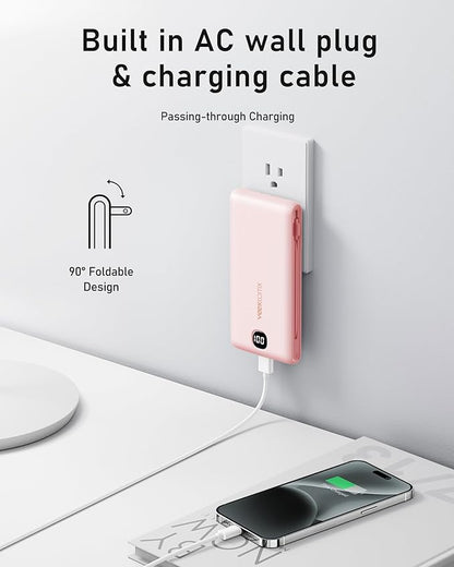 VEEKTOMX Portable Charger with Built in Cables 10000mAh, Power Bank for iPhone with Wall Plug, Travel Essential Fast Charging USB C Slim External Battery Pack for iPhone 17/16/15/14, Samsung, iPad,etc