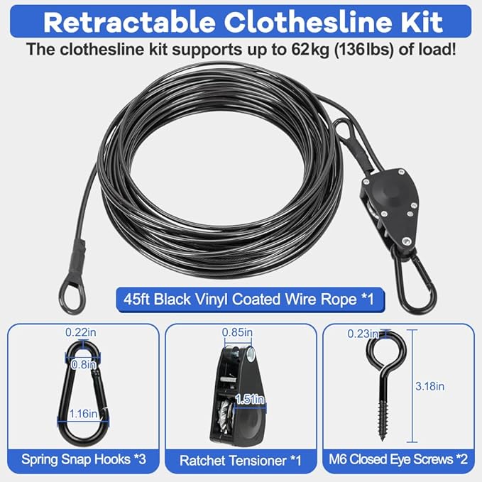 TooTaci 45ft Outdoor Clothesline Kit, 3/16" Black PVC Coated Wire Rope Heavy Duty Portable Clothes Line Kit with Self-Locking Pulley, Screw Hook & Snap Hook for Camping, Backyard, Balcony, Travel