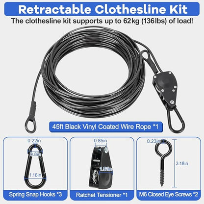 TooTaci 45ft Outdoor Clothesline Kit, 3/16" Black PVC Coated Wire Rope Heavy Duty Portable Clothes Line Kit with Self-Locking Pulley, Screw Hook & Snap Hook for Camping, Backyard, Balcony, Travel