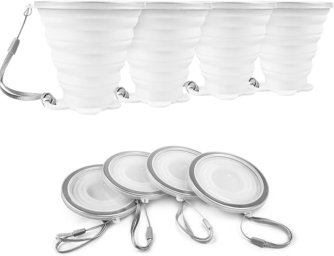 JBER Silicone Collapsible Travel Cup, 4 Pack Silicone Folding Camping Cup with Lids Expandable Drinking Cup for Outdoor Hiking Travel (White Translucent)