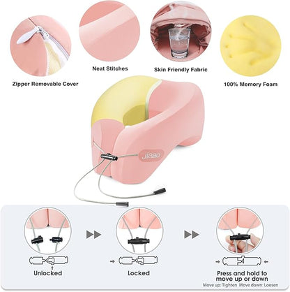 jiaao Neck Pillow Airplane, 2025 Upgraded Memory Foam Travel Pillow for International Flights, Adjustable Clasp, Storage Bag, Advanced Neck Support for Road Trips, Home, Office, and Gaming