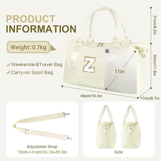 Dance Gym Duffel Bag for Teen Girls, Personalized Initial Travel Weekender Bag,Cute Overnight Carry On Duffle for Women,Sports Travel Cheer Bag,Monogram Christmas Gifts for Tween Preppy(beige-Z)