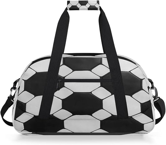 Kids Duffle Bag Girls Boys Black White Soccer Ball Sports Texture Weekender Overnight Bag,Lightweight Duffel Bags for Traveling Gym Sport Dance
